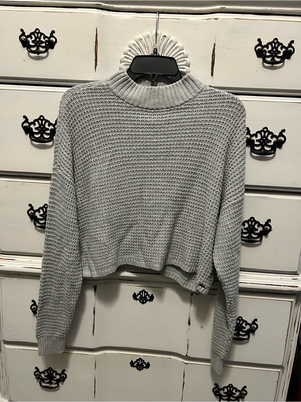 Hollister Light Gray Mock Neck Knit Crop Sweater